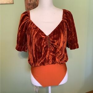 “Mia Joy” Rust Orange Velvet v-neck Bodysuit by- Size L